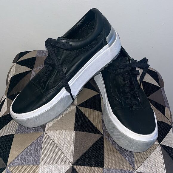 EXCELLENT CONDITION VANS OLD SKOOL STACKED SHINY BLACK/WHITE PLATFORM SHOES 8.5 - Picture 5 of 9